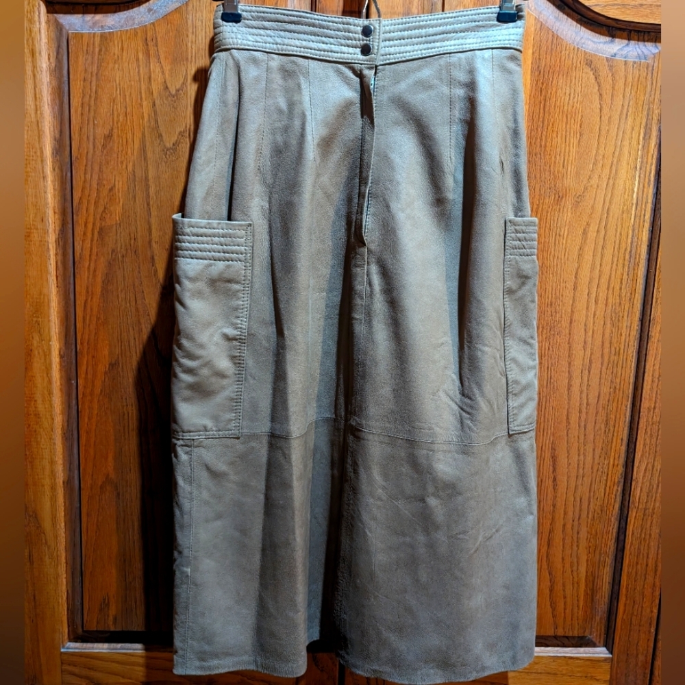 Echtes Leder 26"‎ vintage 80s fawn leather midi skirt polyester lined pristine